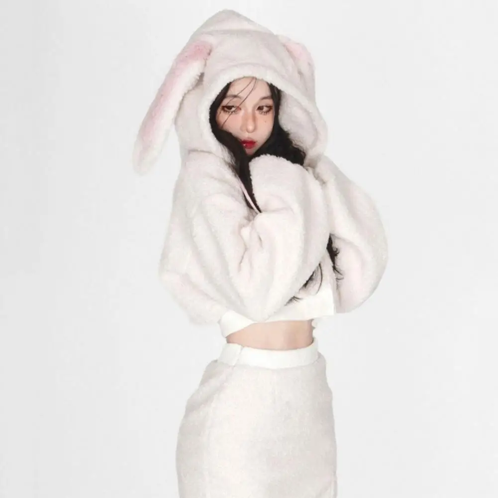 

Women Mini Skirt Set Long Sleeve Top Bunny Ear Hoodie Skirt Set For Plush Cosplay Outfit With High Waist For Home