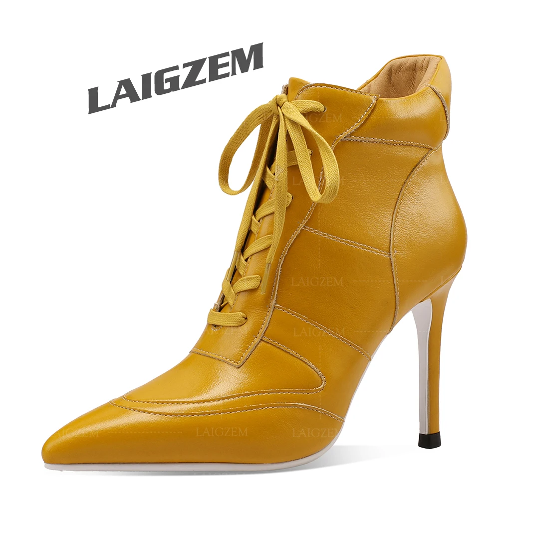 LAIGZEM Quality Women Ankle Boots Pointed Toe Real Leather Lace Up Stiletto Thin High Heels Boots Ladies Shoes Woman Handmade