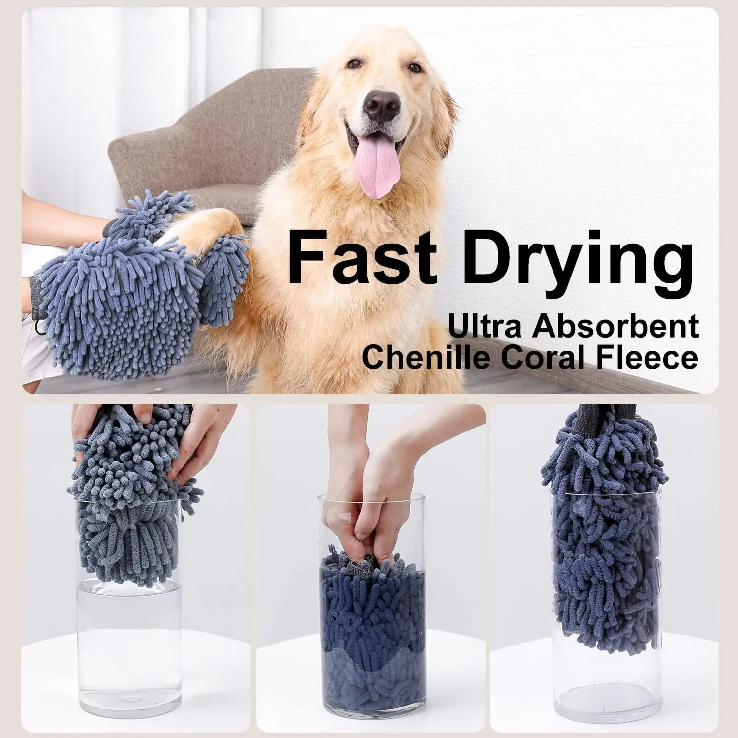 Dog Shammy Towels Glove Quick Drying Dogs paw Towel Chenille Microfiber Pet Dirty Dogs Grooming Mitt for Large Medium Small Pet