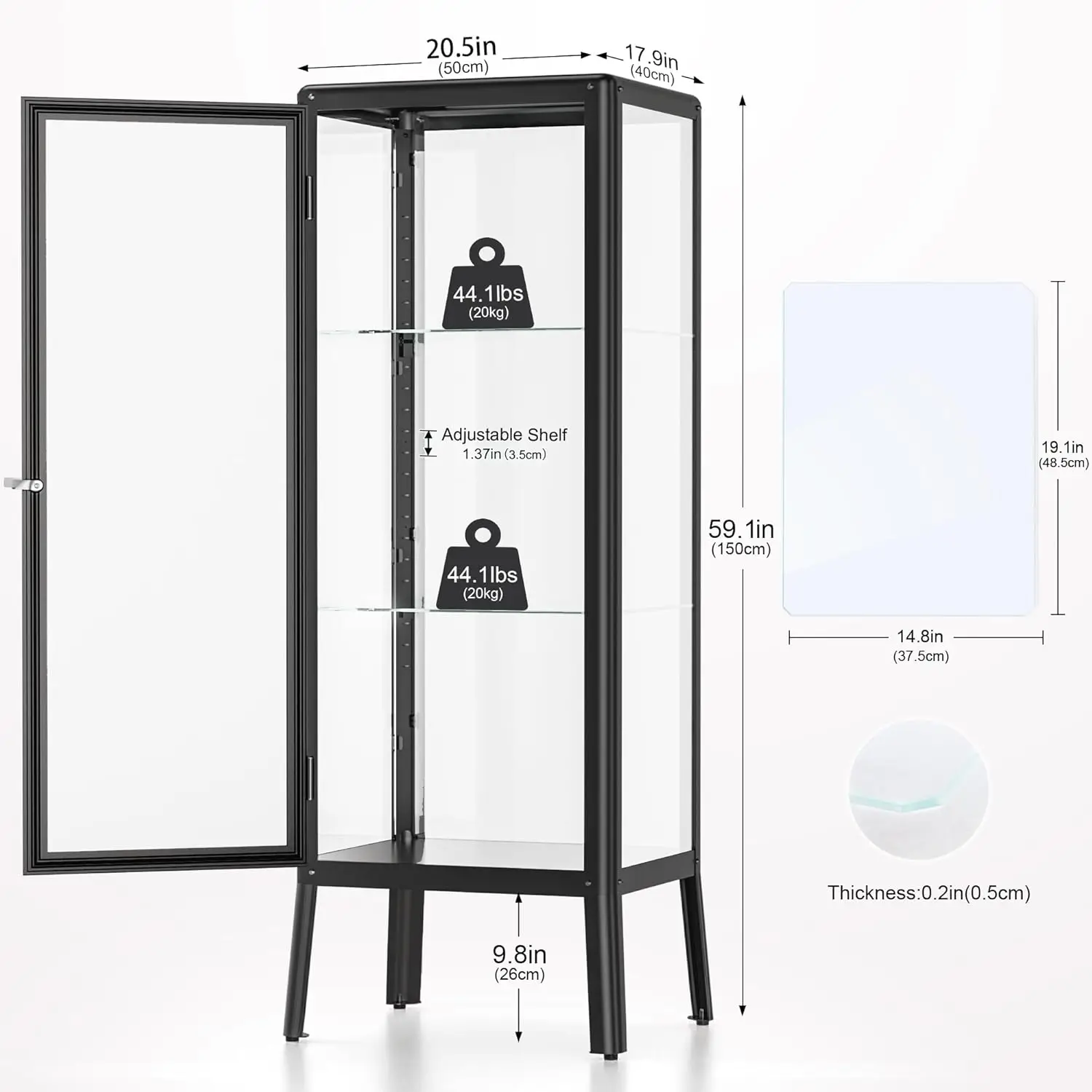 Ryoko Glass Display Cabinet with Adjustable 3-Shelf Shelves, Lock and Door, Dust-Proof, LED Light, Curio Cabinets Display Case f