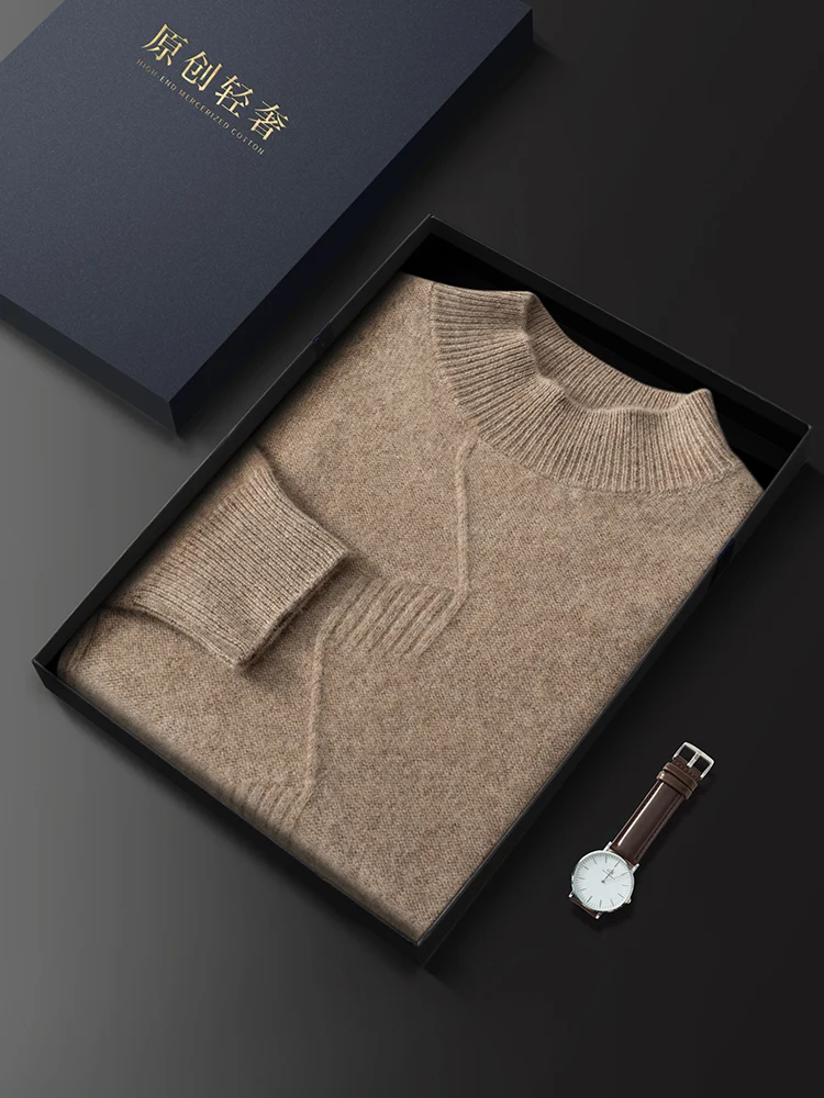 2025 New Men's 100% Cashmere Sweater Ripple jacquard Thick Mock Neck Pullover Autumn Winter Knitwear Smart Casual Soft Warm Tops
