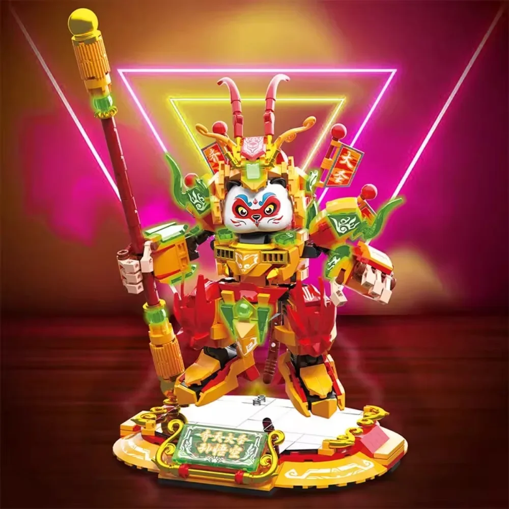 Blocos de construção modelo kit chinês wukong guanyu mecha panda ópera facial luminescente educacional presente aniversário brinquedo mesa ornamento