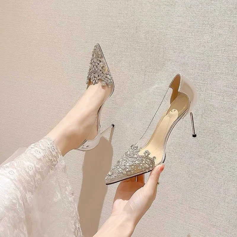 Pointed Toe Stiletto Women's High Heels Women's Shoes Fashion Women's Shoes Wedding Shoes High Heel 8cm Transparent Bow Gemstone