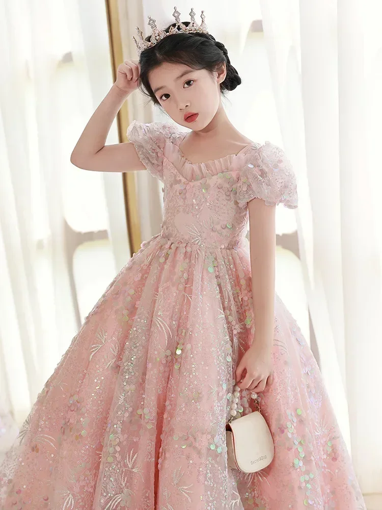 Baby Girls Sequined Long Dress Young Girls Puff Sleeves Pink Ball Gowns Children Princess Birthday Pageant Graduation Party Wear