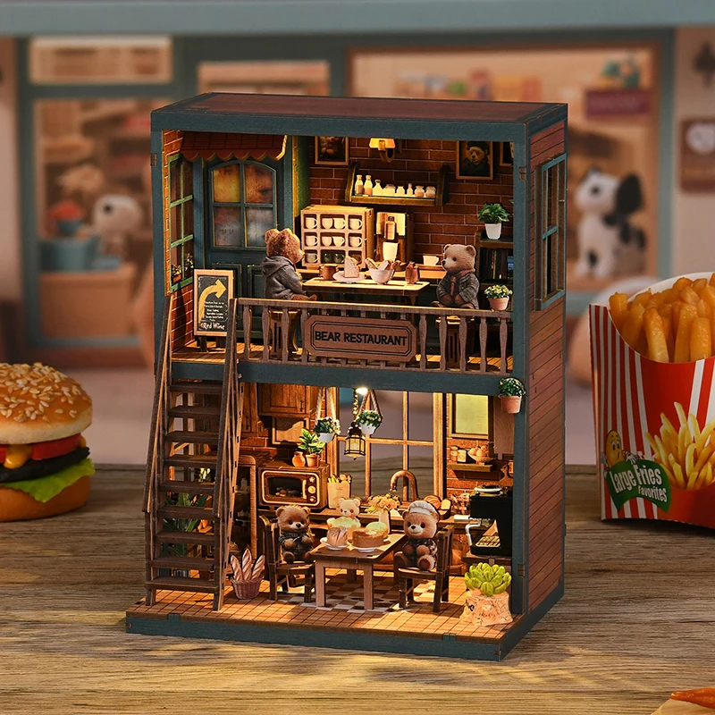 

DIY Wooden Dollhouse Restaurant Mode Miniature Doll House With Furniture Kit 3D Puzzle Assemble Toy For Christmas Birthday Gifts