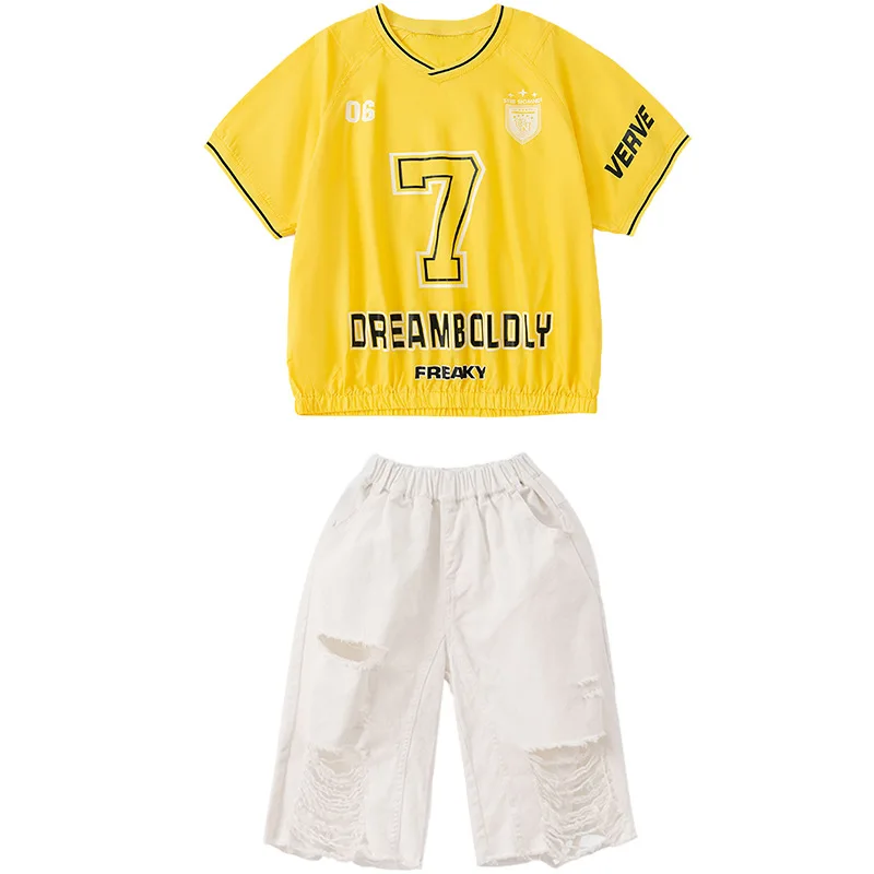 Hip Hop Mädchen Kleidung Kinder Jazz Street Dance Kostüm Nummer 7 Print T-Shirt Weiß Zerrissene Shorts für Jungen Performance Outfit