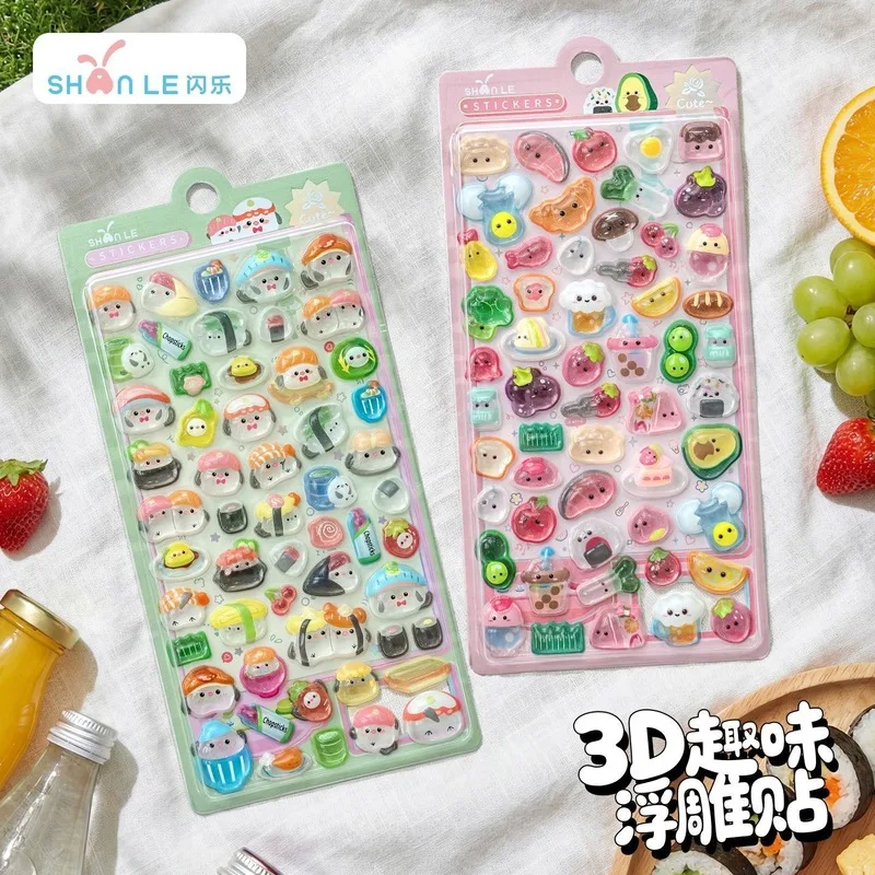 

10pcs Cartoon Japanese Sushi 3D Relief Crystal Stickers Kawaii Children Phone Case Decor Animals Sticker Toys Student Stationery