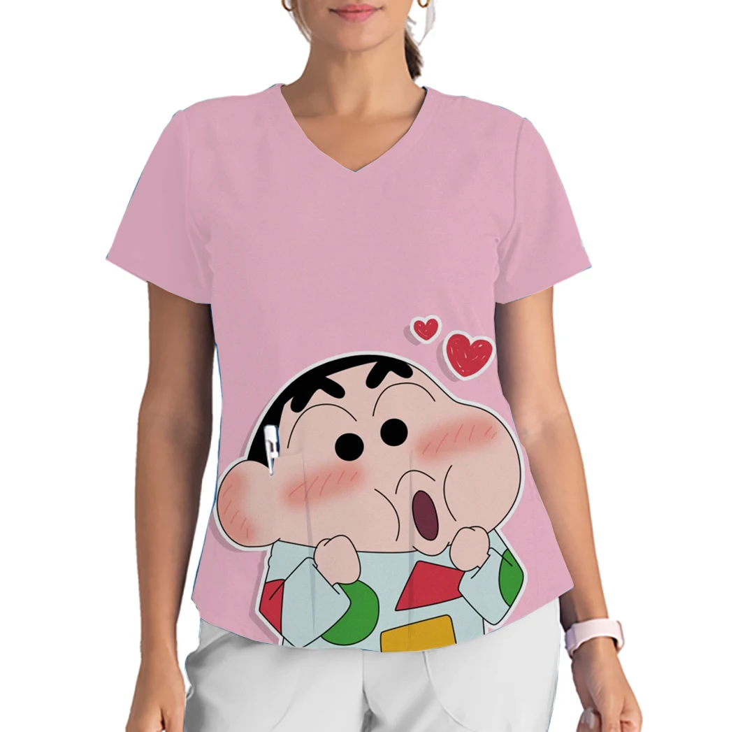 V-Neck Print Scrub Top Top Anime Crayon Shin-chan Print Childlike Men's Work Clothes Children's Center Pet Store Work Uniform