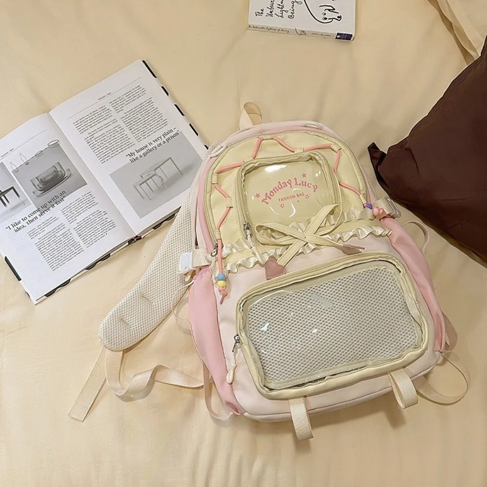 Stylish Clear Pockets Ita Backpack Ruffles Large Capacity Big Ruffles Itabag with Bows Pin Display Backpack Back To School