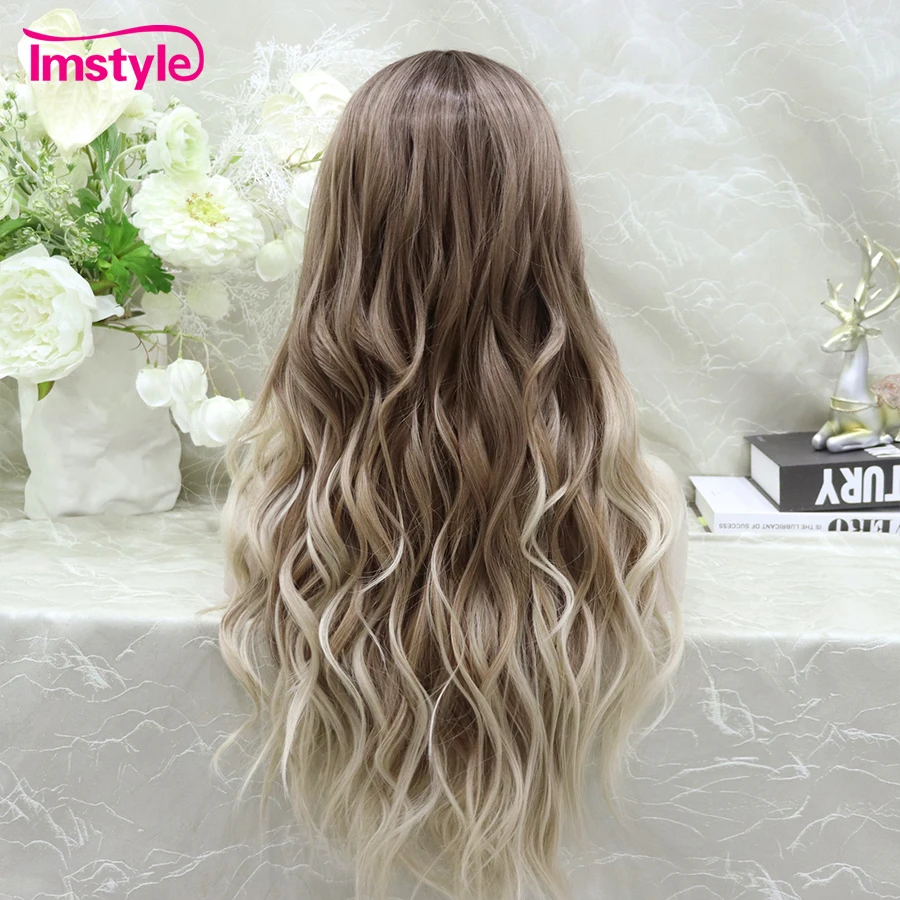 Imstyle 13x4 Lace Wig Synthetic Lace Front Wig Ombre Brown Wig Natural Hairline Long Wavy Wig Heat Resistant Fiber Daily Wigs