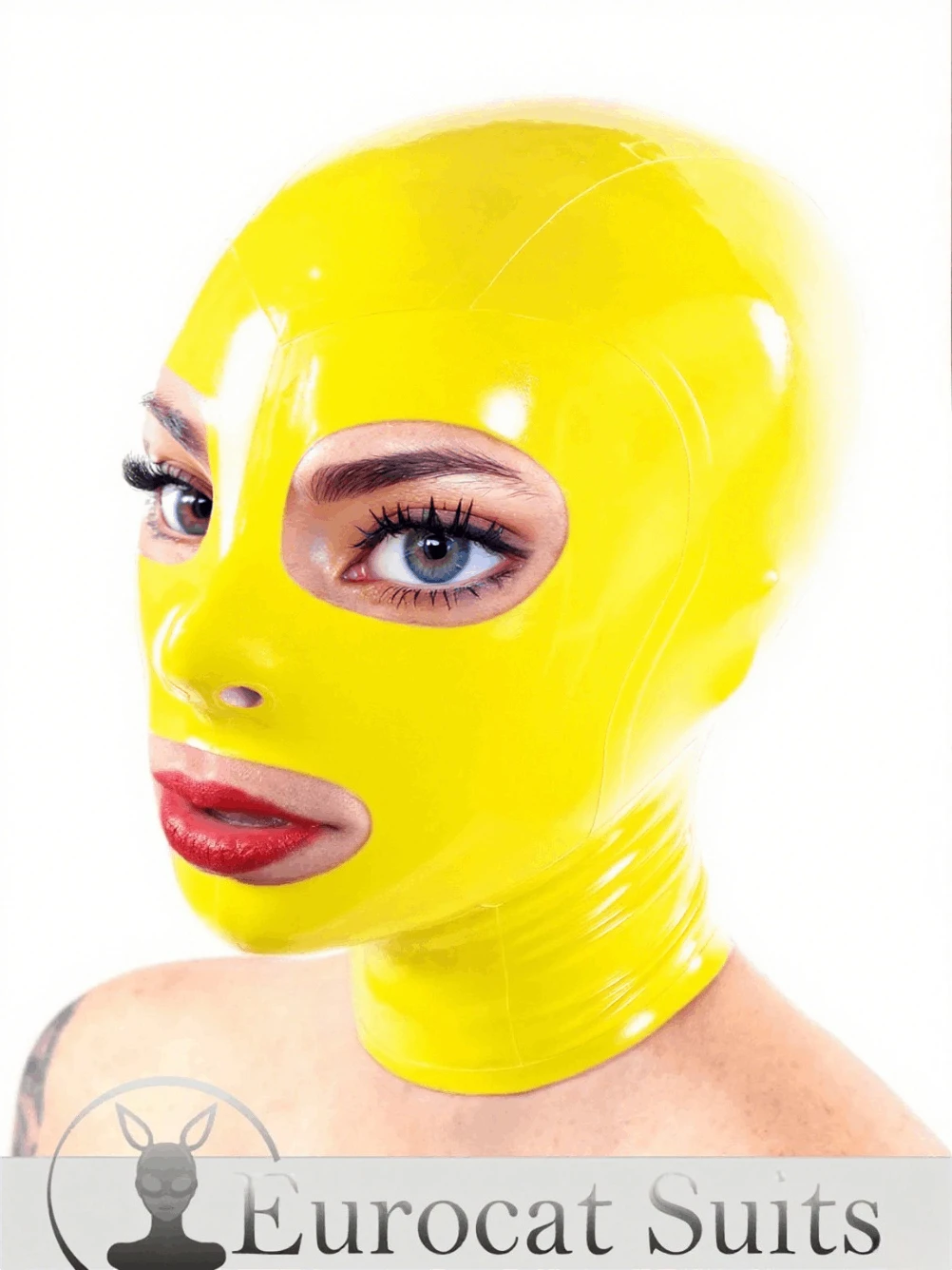 

резиновая маска женский желтый латексный капюшон анфас закрывающий глаза отверстия для рта резиновый головной убор косплей мода по индивидуальному заказу