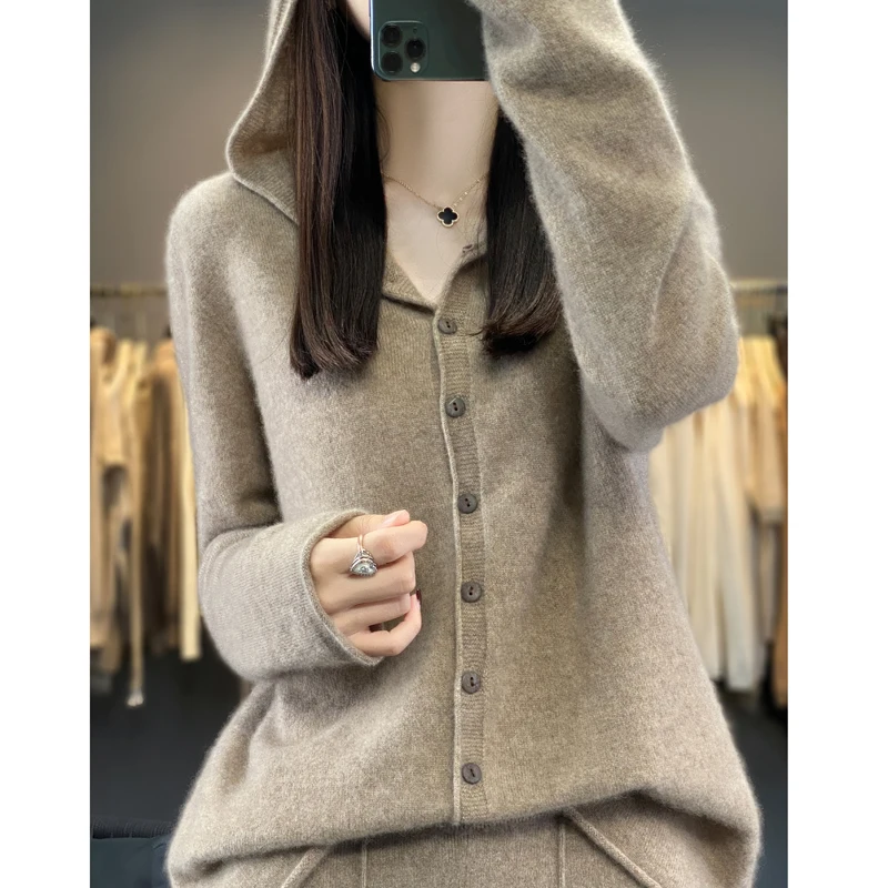 100% Pure Wool Knit Hooded Hoodie Autumn Women\'s Cardigan 2023 Autumn and Winter New Outer Tower Jacket Loose Large Size Top