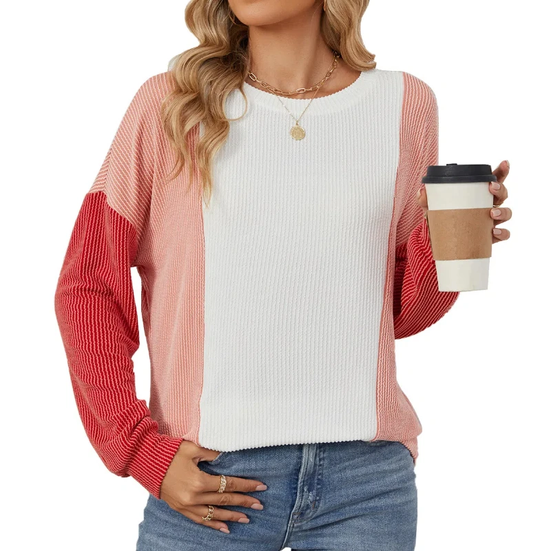 New fashionable contrasting color long-sleeved loose threaded patchwork T-shirt