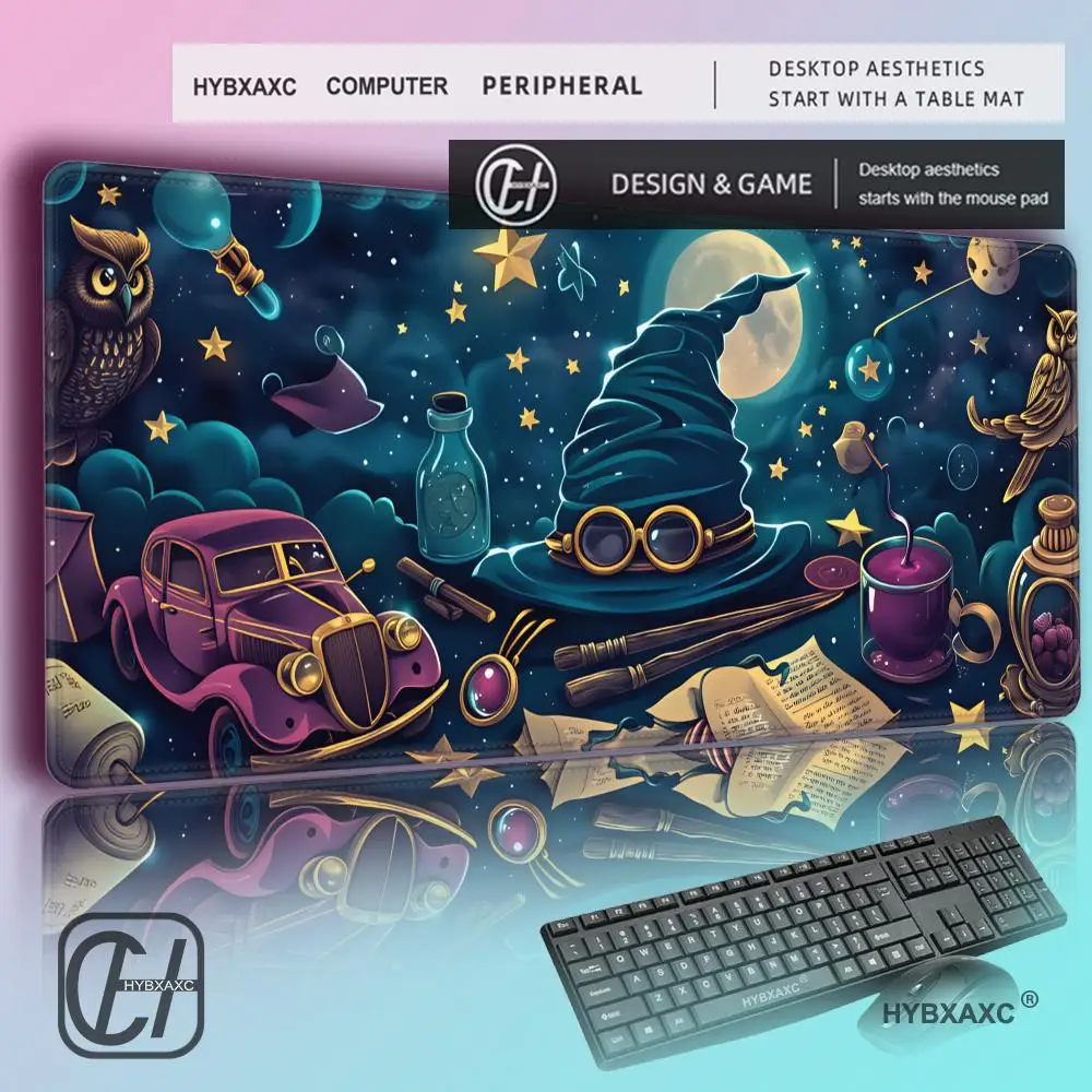 

HYBXAXC Enchanted Night Sky Mouse Pad with Wizard Hat Owl & Potion Bottle Design – Large Fantasy-Themed Desk Mat for Office