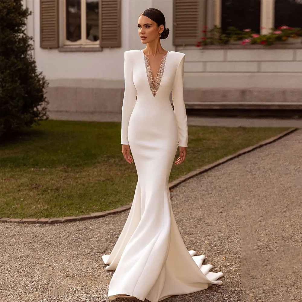 

Mermaid Wedding Dress Deep V Neck Long Sleeves Beading Elegant Wedding Gowns for Bride 2024 Trumpet Ivory Bridal Dresses Long