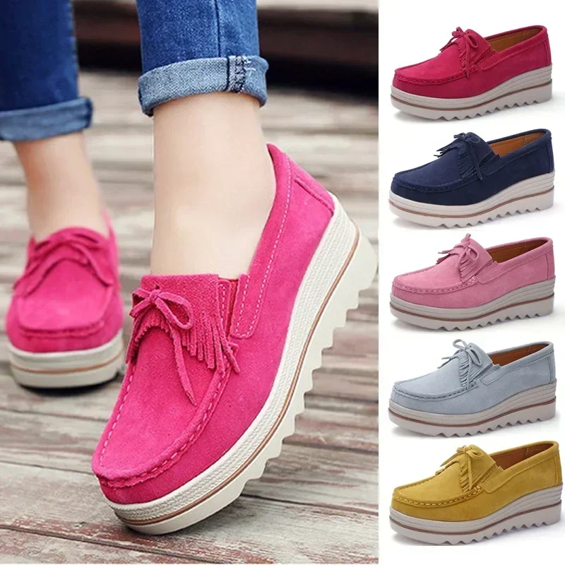 Women Cow Suede Casual Shoe Lady Wedge Platform Shoes Heigth Increasing Women Shoes Female Tassel Muffin Shake Casual Sneakers