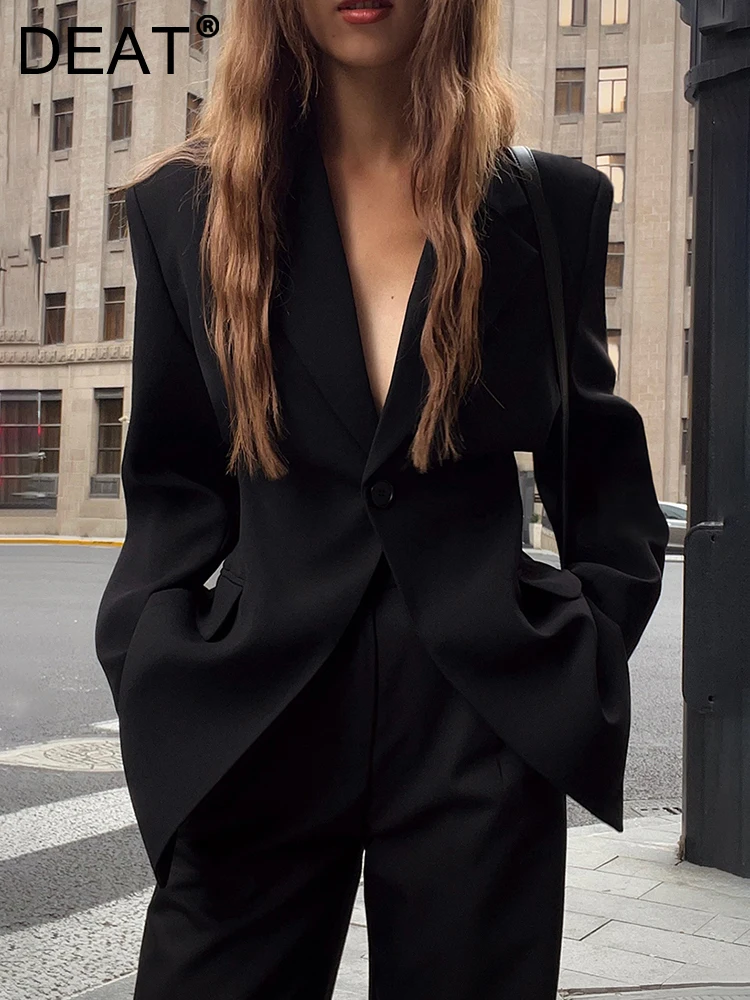 

DEAT Fashion Women's Blazer Single Button Notched Collar Long Sleeve Shoulder Pad Black Suit Jackets Autumn 2024 New 17A2833