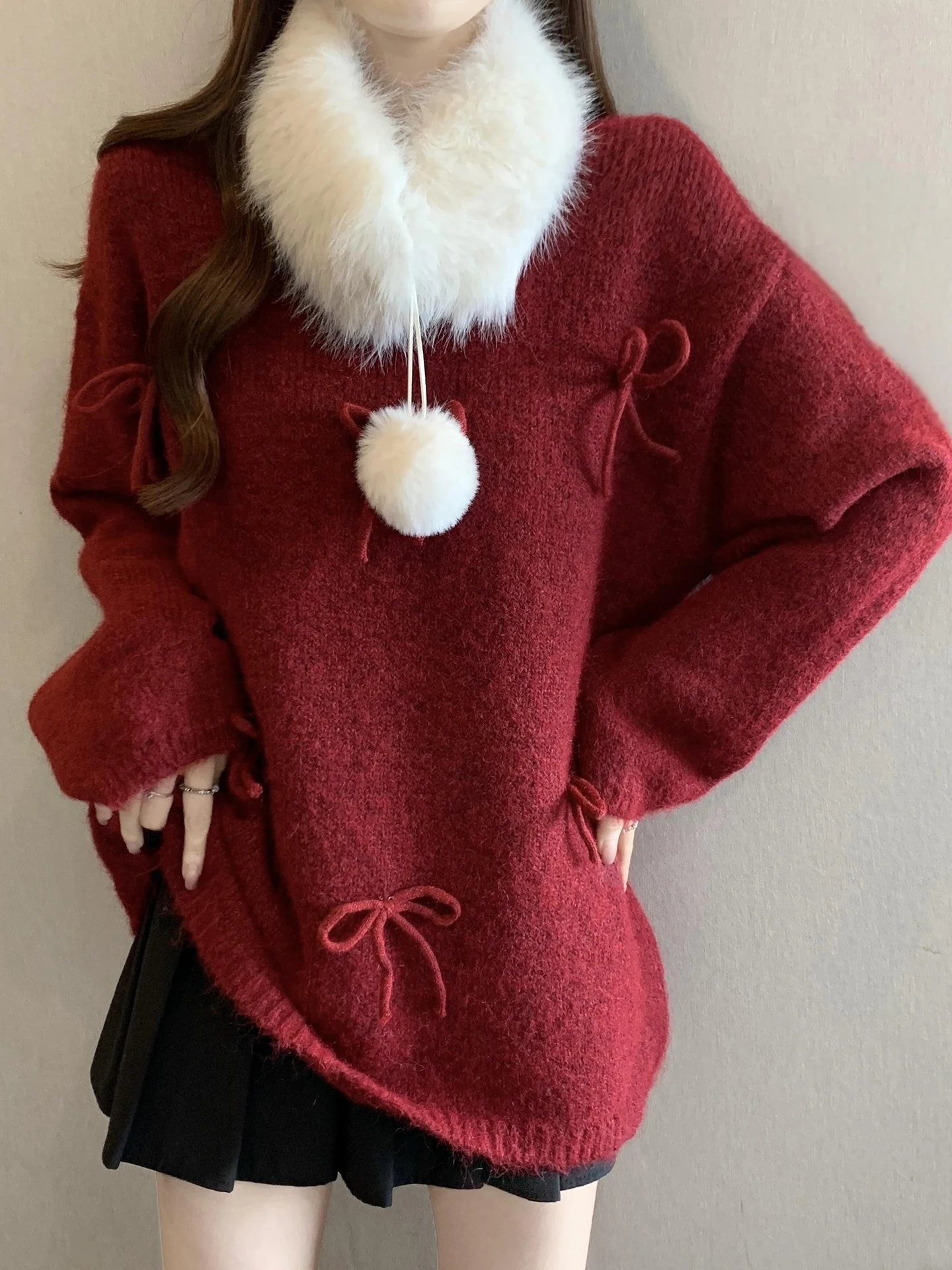 

Красный вязаный свитер Cisas Aosphere для женщин, свободный крой, длинный рукав, теплый топ с узлами, осенне-зимняя мода