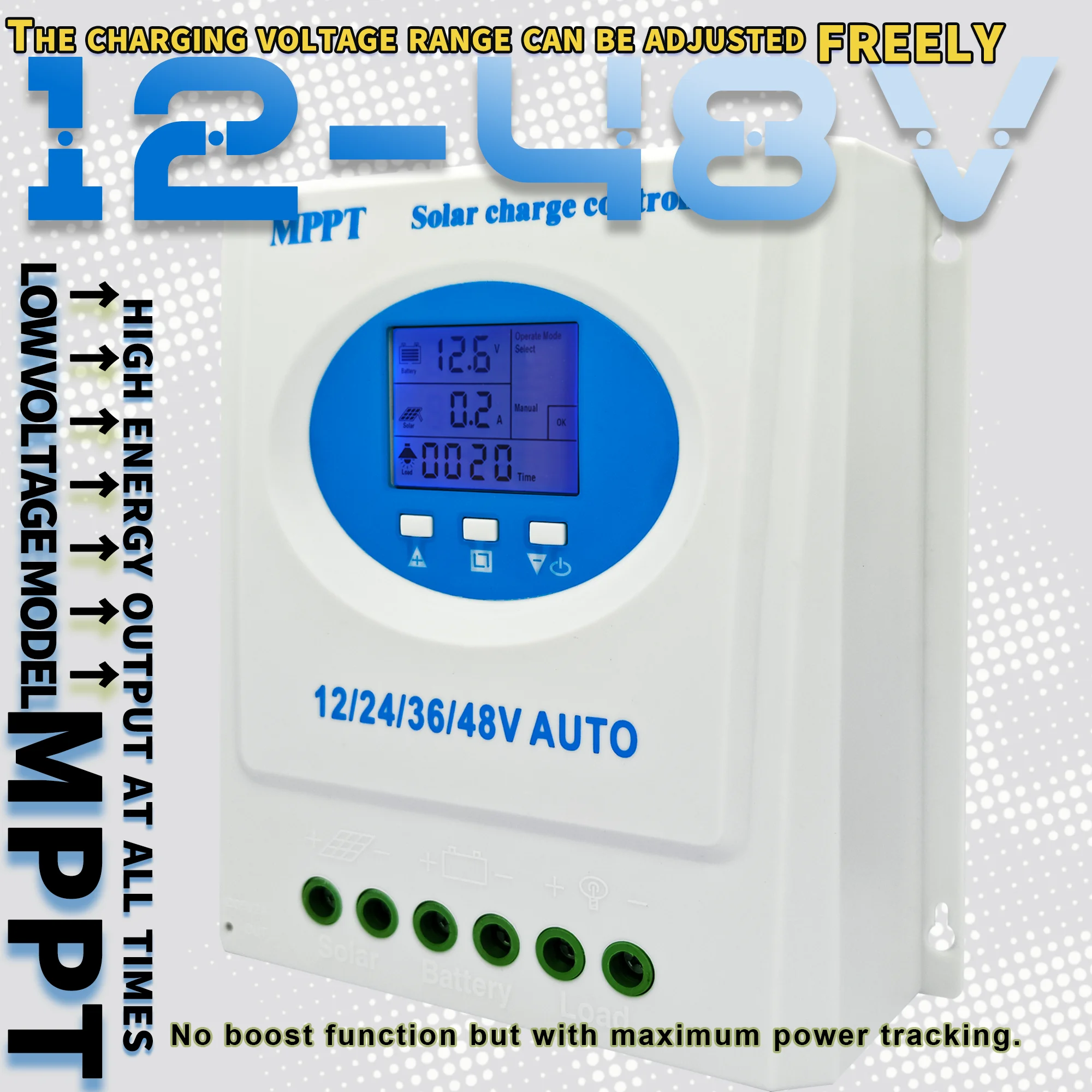 POWLSOJX MPPT Solar Controller with Real-Time LCD Monitoring, 7 Modes & Multi-Voltage Support - Safe & Reliable Power Management