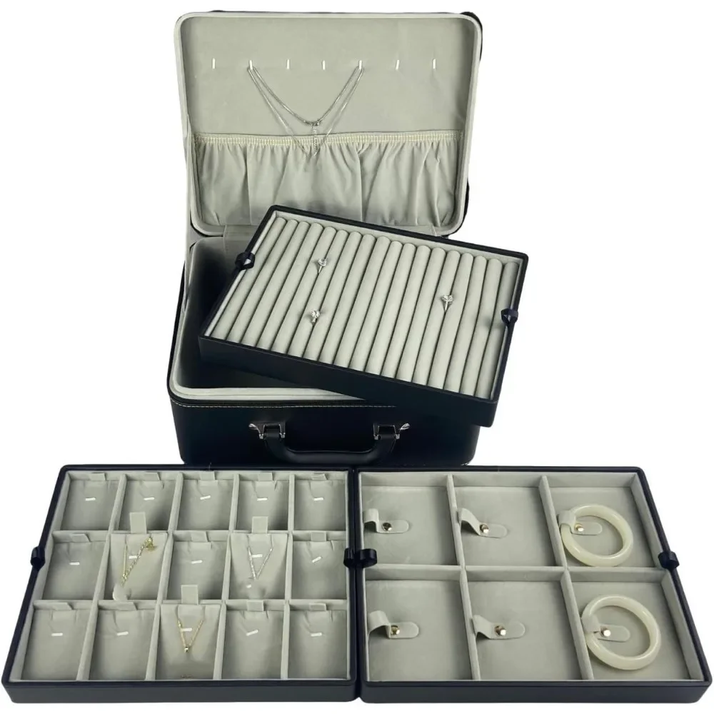 

Large Jewelry Box Organizer 3 Layer PU Leather Jewelry Storage Suitcase for Earrings, Bracelets, Rings, Necklace,