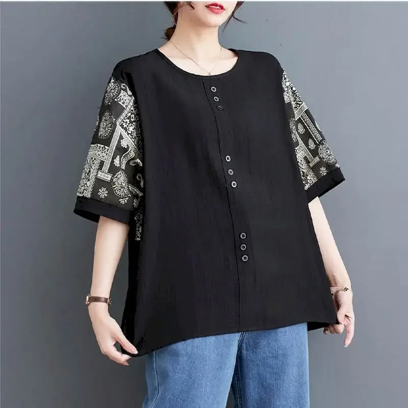 

Cotton Linen Shirts for Women Vintage Large Size Pullover Button Short Sleeve Casual Loose Korean Style O-neck Blouse Women Tops