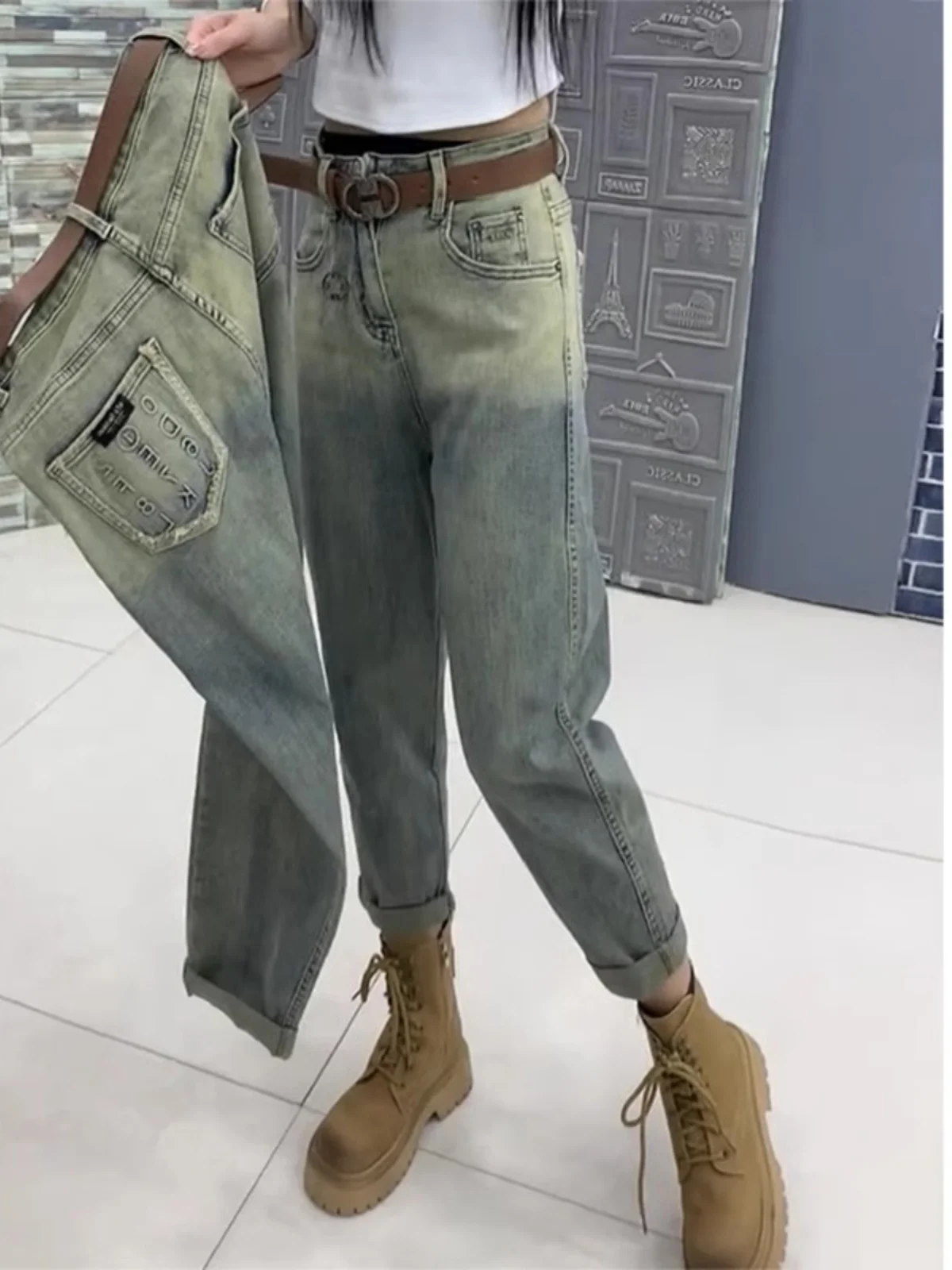 

Весенне-осенние джинсы большого размера с высокой талией, женские шаровары для папы, верхняя одежда для похудения больших размеров