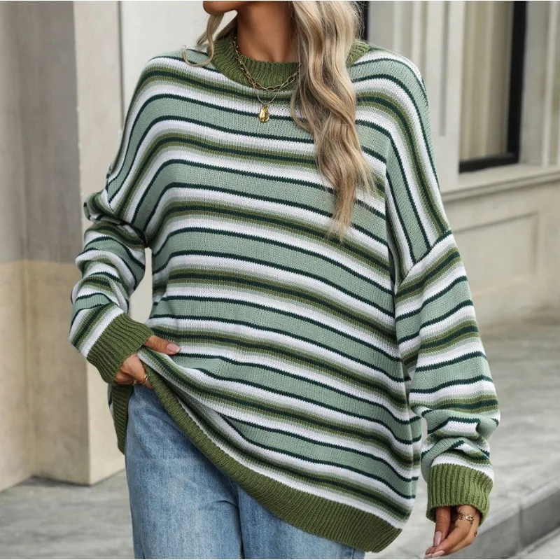 

Women's Fashion Fall and Winter Knitting Stripes Knit Pullover Sweater Ladies O-neck Casual Loose Round Neck Pullover Sweater