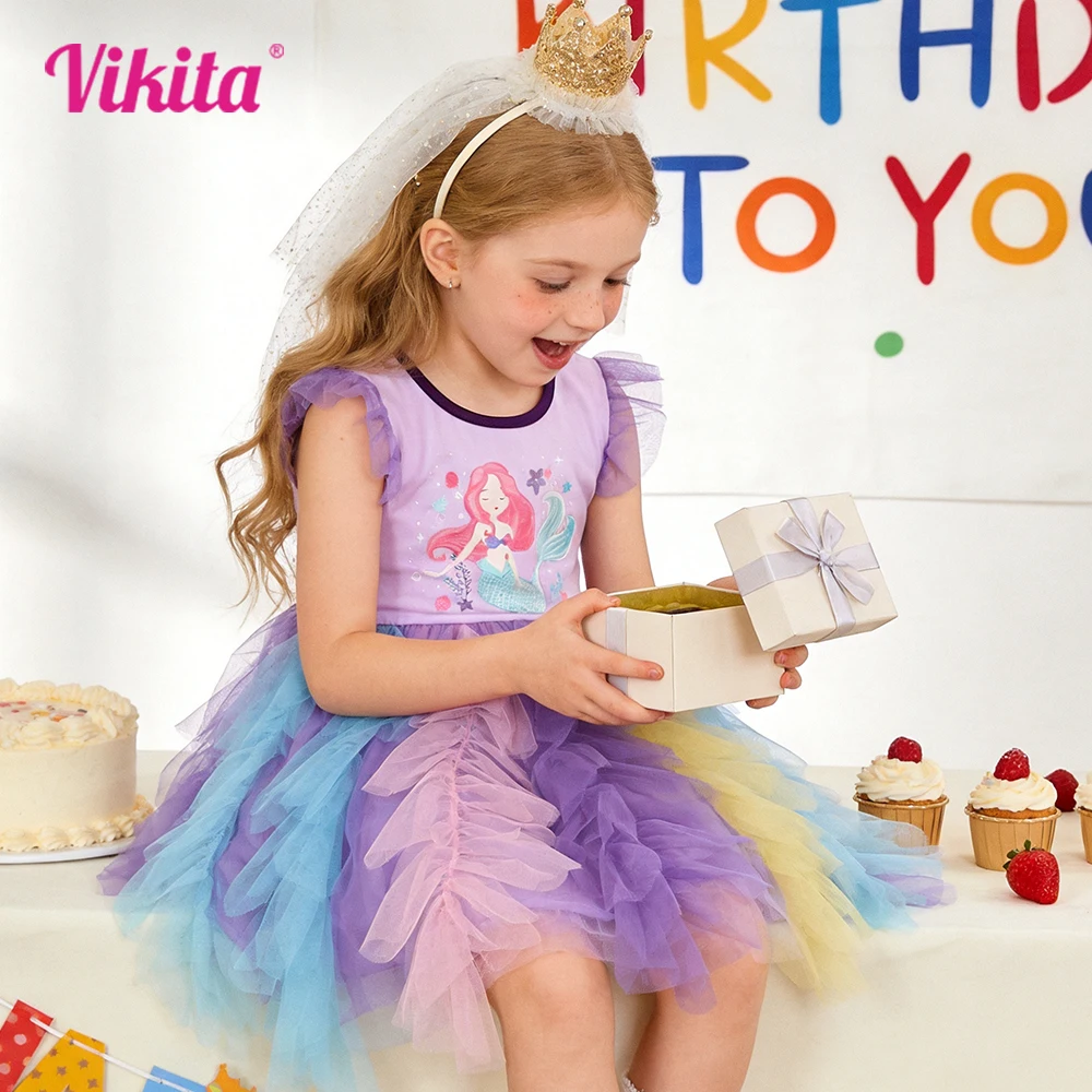 VIKITA Girls Mermaid Print Purple Ruffle Sleeve Summer Dress Multicolor Layered Tulle Tutu Cake Pastel Rainbow Princess Frocks
