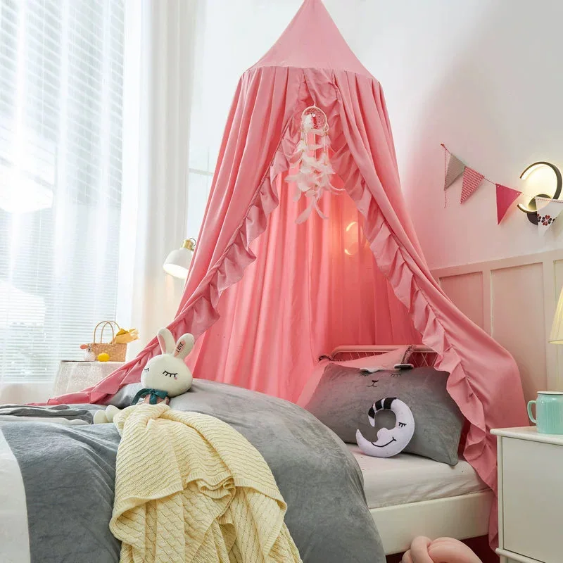 Round Ceiling Hanging Mosquito Net with Big Lace Edge Blackout Windproof Bed Canopy Home Bedroom Dome Bed Curtain Decor Bed Tent