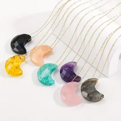 Small Moon Natural Crystal Stone Pendant Necklace for Women Girls Crescent Moon Pendulum Citrines Quartz Purple Crystal Necklace
