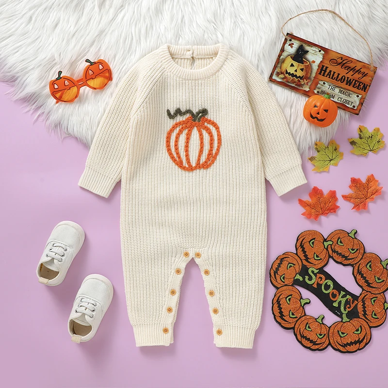 

0-18m Newborn Baby Rompers Winter Halloween Pumpkin Knitted Infant Boy Girl Camel Jumpsuits Playsuits One Piece Toddler Overalls