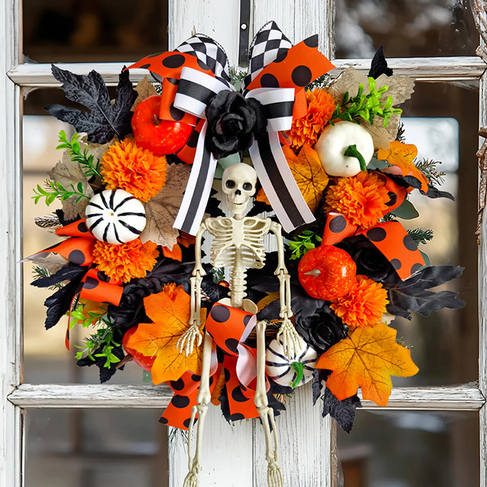 

D40cm Halloween Garland Simulated Skeleton Maple Leaf Pumpkin Decorative Wreath For Indoor Outdoor 2025 Halloween Decorations