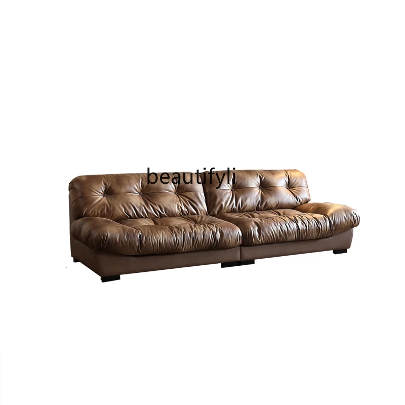 

Mid-Ancient Oil Wax Leather French Retro Small Apartment Straight Row Full Leather Sofa Living Room Leather Cloud Sofa