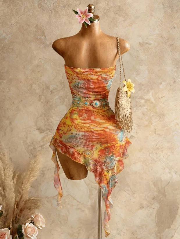 Neue Sommer Sexy Kleider für Frauen Ärmelloses Trägerloses Damenkleid Asymmetrisches Print-Kleid Damen Vestidos De Verano Mujer – Detail 6