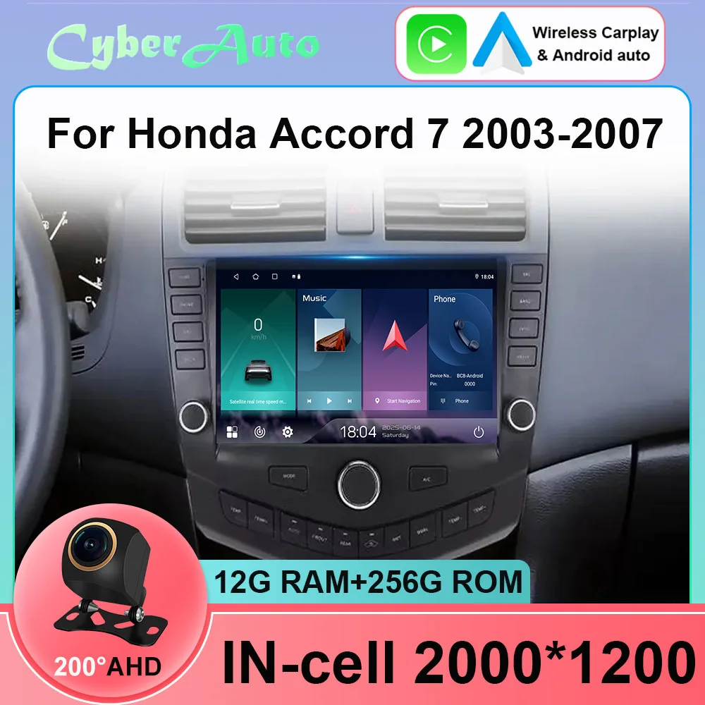  Android 15 For Honda Accord 7 2003-2007 Car Radio Multimedia Navigation GPS Wireless BT CarPlay Touch 2K QLED Screen Stereo