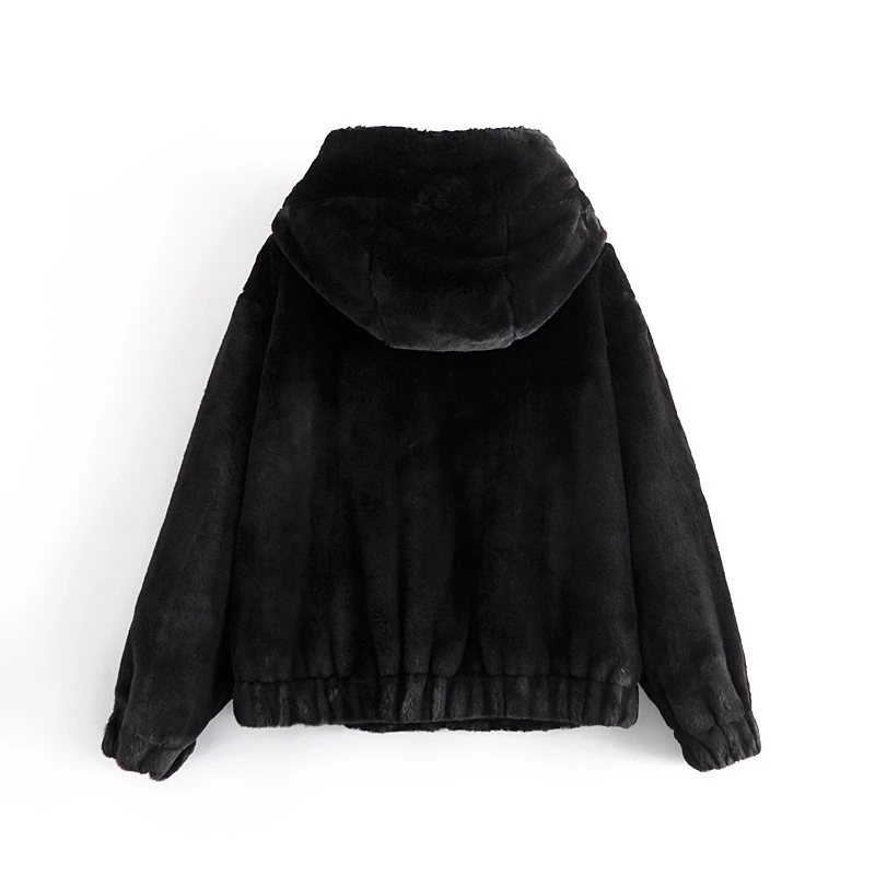 Causal Women Black Faux Fur Coats 2023 Fashion Ladies Zipper Jackets Streetwear Female Thick Hooded OuterCoat Chic Girl Coat