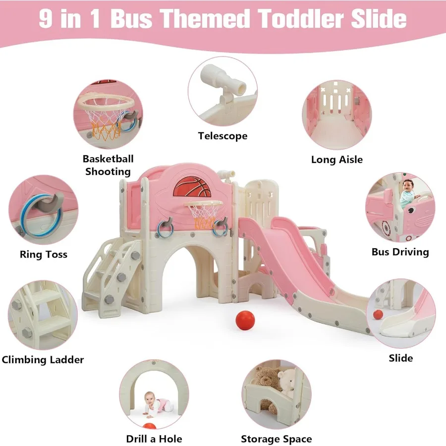 9 in 1 Toddler Slide BusThemed Slide and Climber Playset with Basketball Hoop RingToss Car Playhouse Telescope Freestanding Ind