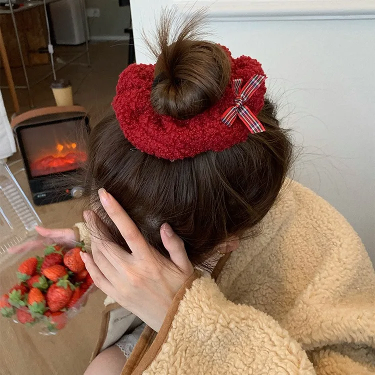 Retro czerwona seria krata Bowknot pluszowe gumki do włosów kobiety delikatne gumki do włosów guma uchwyt na kucyk gumka akcesoria do włosów — zdjęcie 6