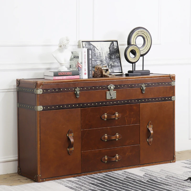 

French country living room locker genuine leather retro leather box decorative cabinet medieval villa rack storage cabinet