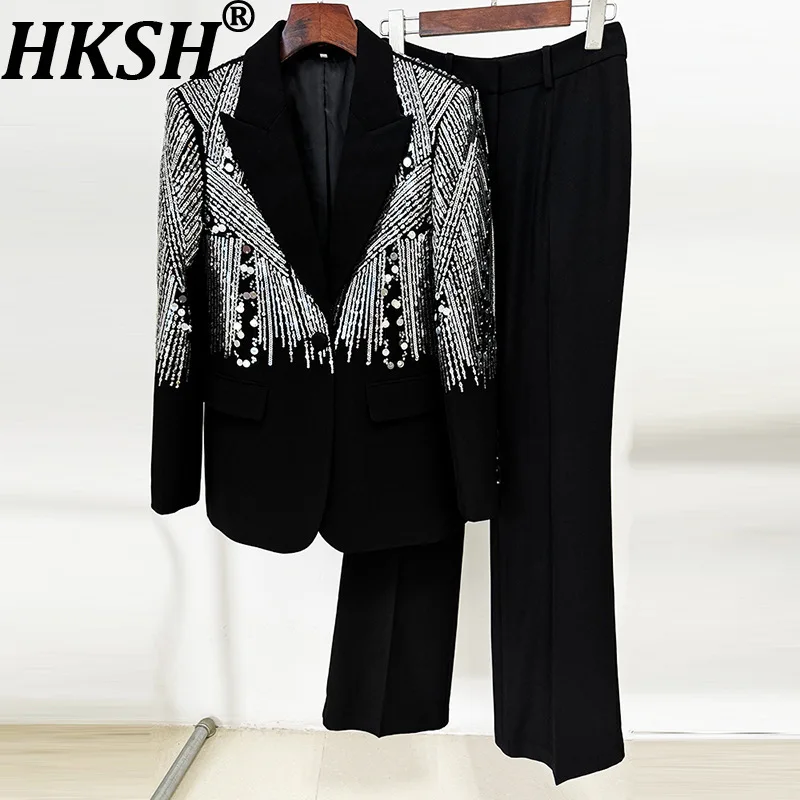 

HKSH Autumn New Women Two-Piece Suit Set Heavy Craft Sequined Single Button Elegant Fashion Blazer Solid Color Chic Pants HK9948