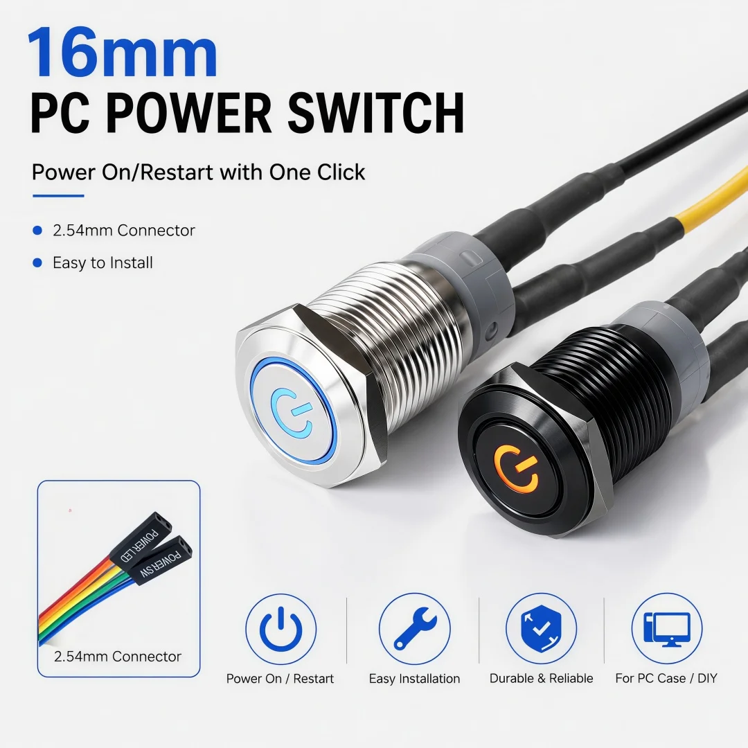 PC Power Switch 12mm/16mm/19mm Host Restart LED Metal Button with 50cm DuPont Line