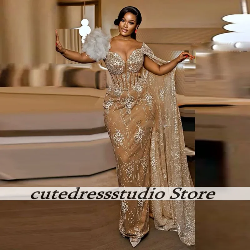 

African Champagne Lace Mermaid Evening Gowns Luxury Feather Prom Dresses Women Formal Wear Wedding Reception Dress Customized