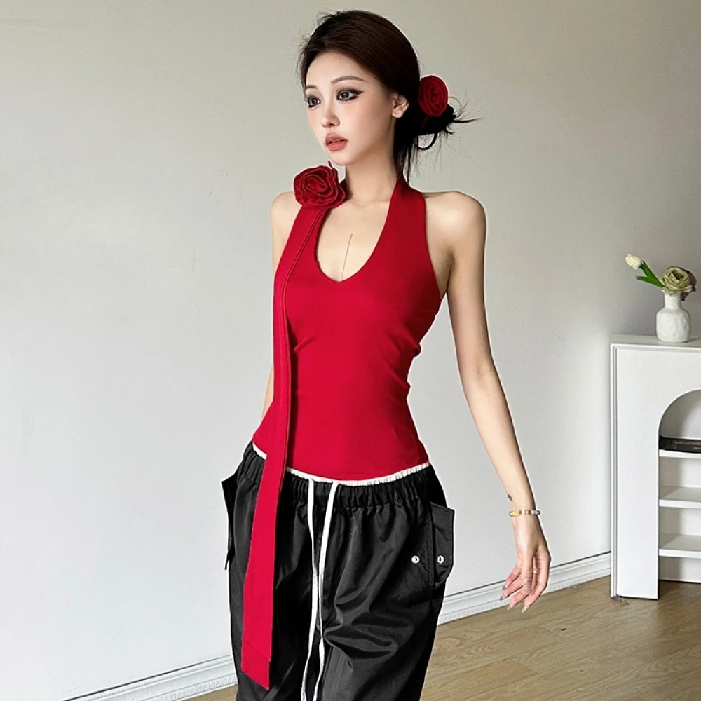 SylCue Flower Applique Vest Women Halter Low-Neck Off Sleeves Backless Personality Niche Look Thinner Atmosphere Style Outfits