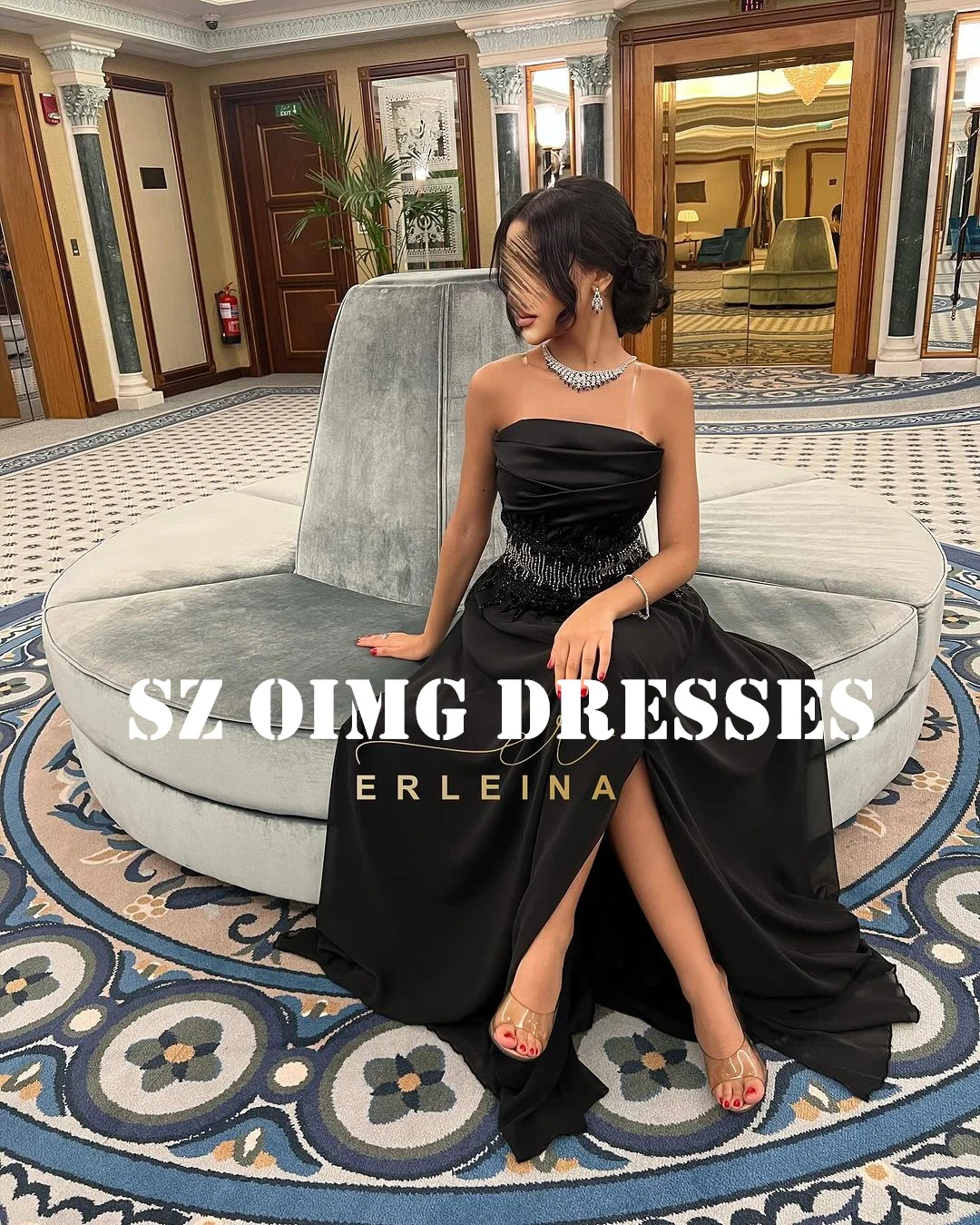 

OIMG New Design Sleeveless A-Line Prom Dresses Beading Black Saudi Arabic Women Satin Zipped Evening Gowns Formal Party Dress