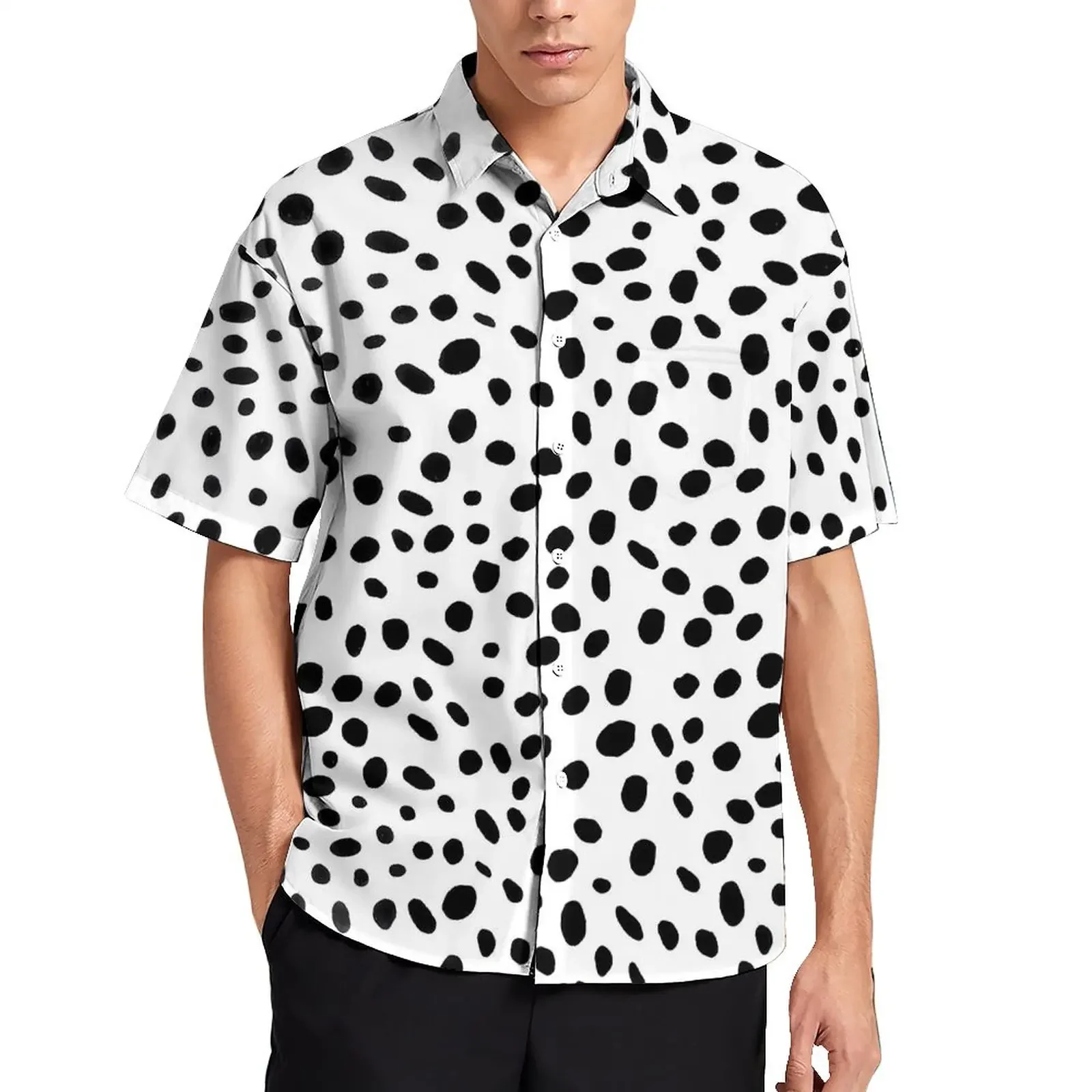 Hot Selling Christmas Hat Spotted Dog Full Printed Short Sleeved Shirt for Men, Fun and Loose Casual Shirt