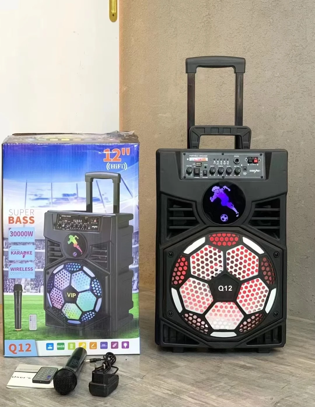 

Q12 High Power Rechargeable Outdoor Trolley Speaker Karaoke Portable Speaker With Wireless Microphone