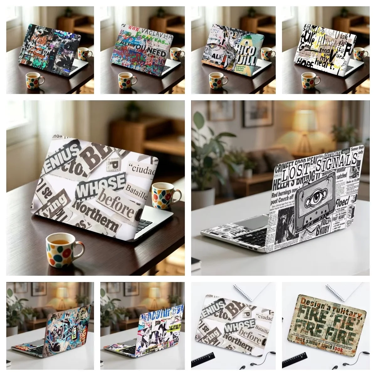 2 Pcs/pack Vintage Newspaper Collage Laptop Skin Stickers Self‑Adhesive Protective for 13‑17 Inch Laptop Sticker Decoration