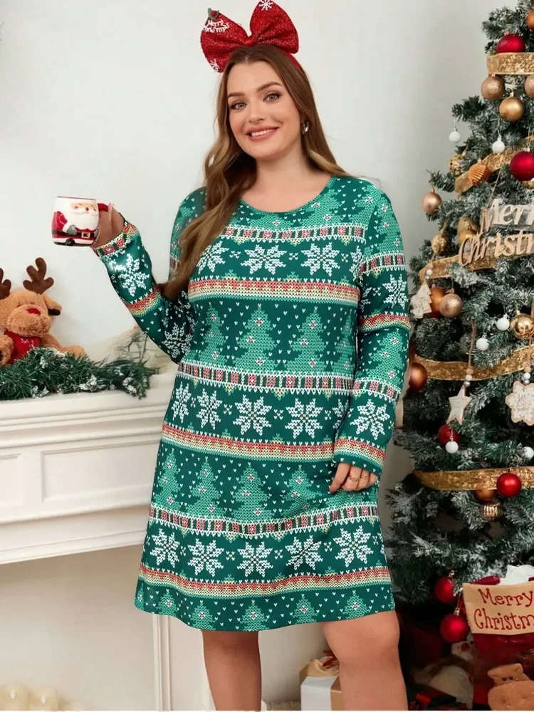 Plus Size Christmas Tree Snowflake 3D Print Dresses Winter Fashion Women's Long Sleeve Round Neck Loose Dress Casual Large Sizes
