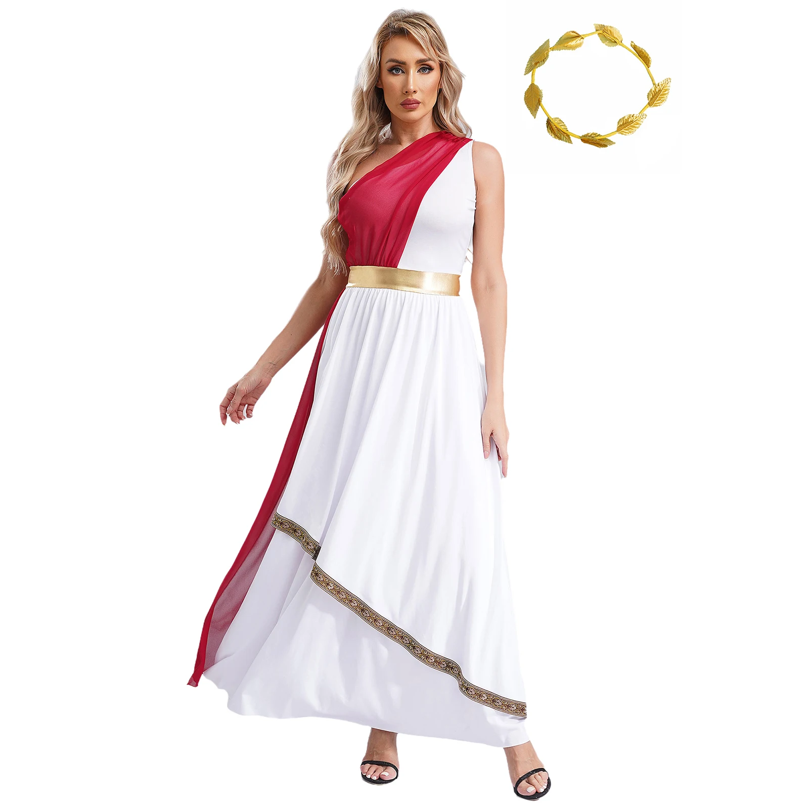 

Women Lyrical Praise Dance Dress Ancient Greek Toga Halloween Party Costume One Shoulder Sleeveless Maxi Dress with Headwear