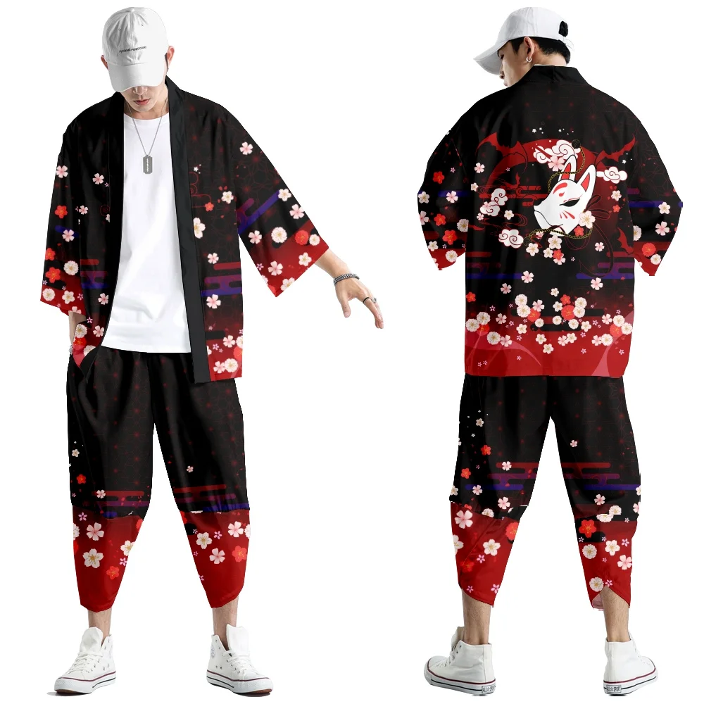 XXS-6XL Flower Fox Printing Japanese Style Fashion Kimono And Pants Set Men Cardigan Blouse Haori Obi Asian Clothes